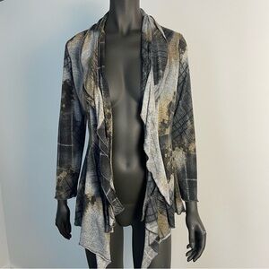 Frank Lyman Design Cardigan Gray and Gold Abstract Open with Front Tie